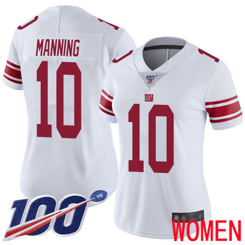 Women New York Giants #10 Eli Manning White Vapor Untouchable Limited Player 100th Season Football NFL Jersey